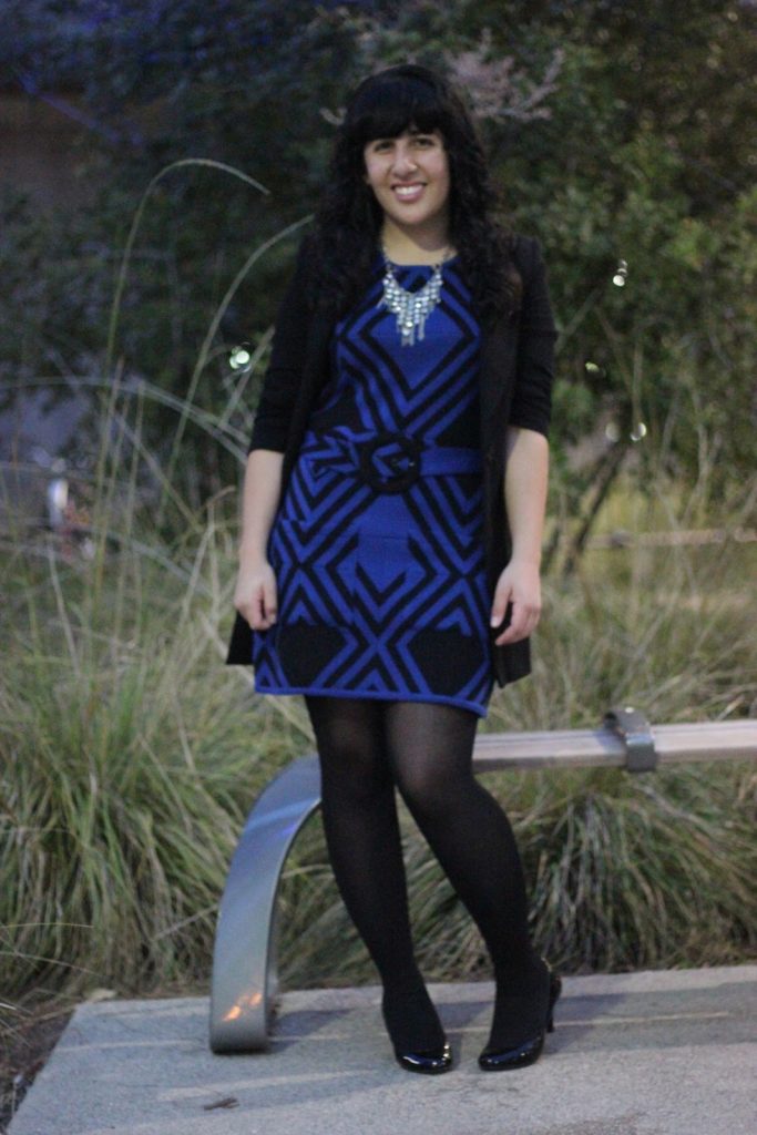 Alice + Olivia Blue and Black Sweater Dress Outfit