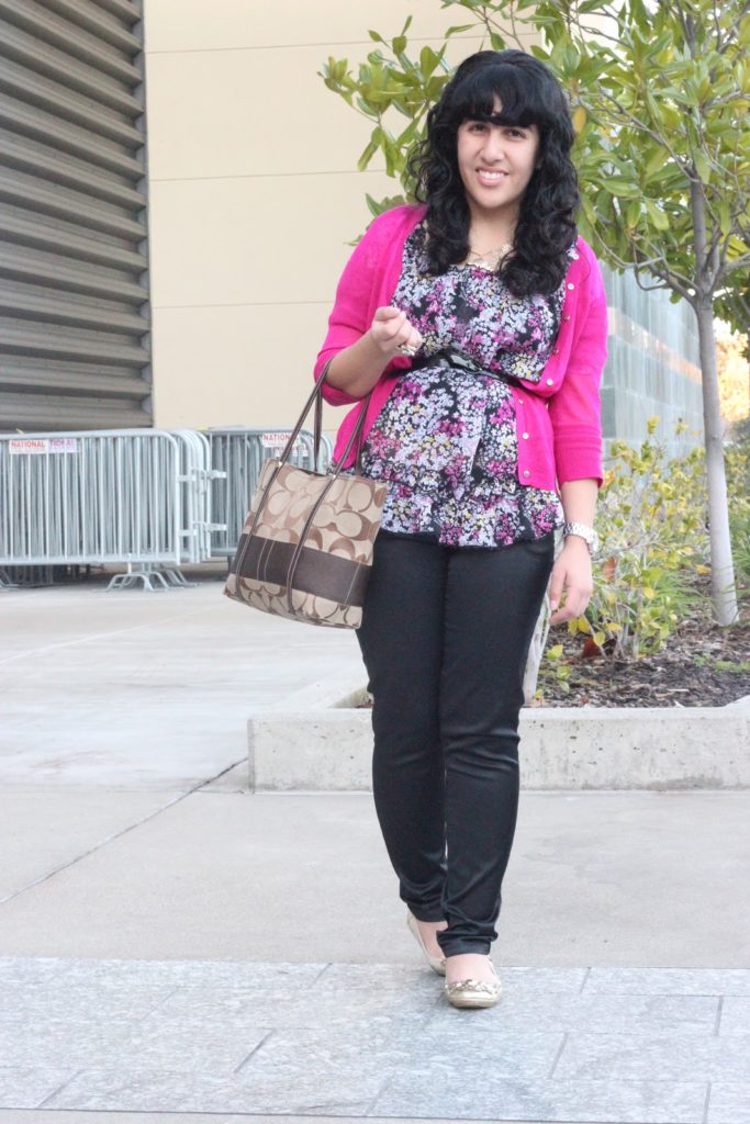 Cardigan, Floral Top and Trousers Work Outfit Inspiration