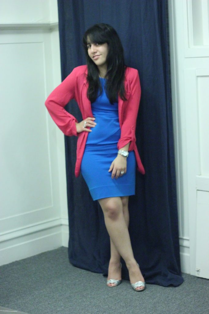 Hot Pink Blazer and Blue Bodycon Dress Outfit Inspiration