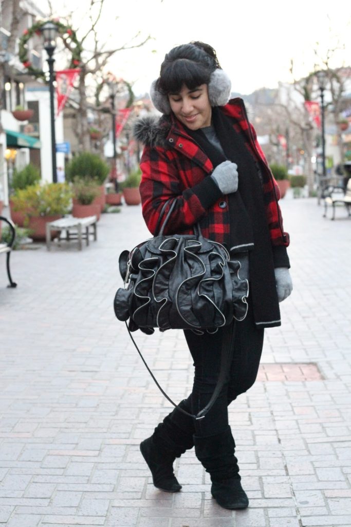 Red Plaid Winter Jacket and Boots Winter Outfit