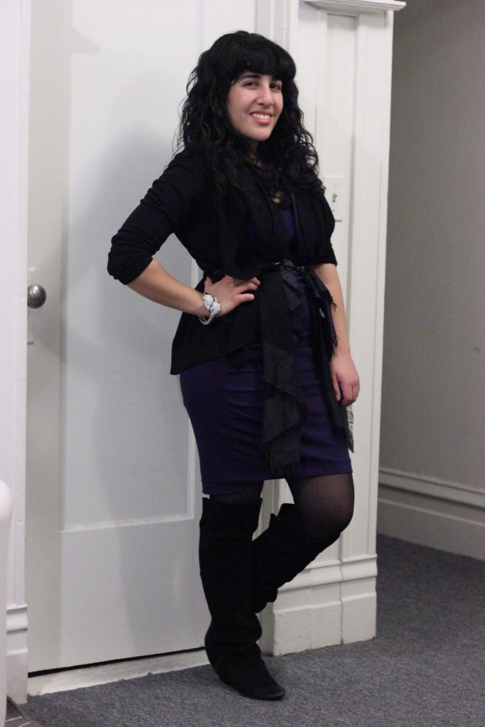 DVF Purple Dress and F21 Cardigan Winter Outfit