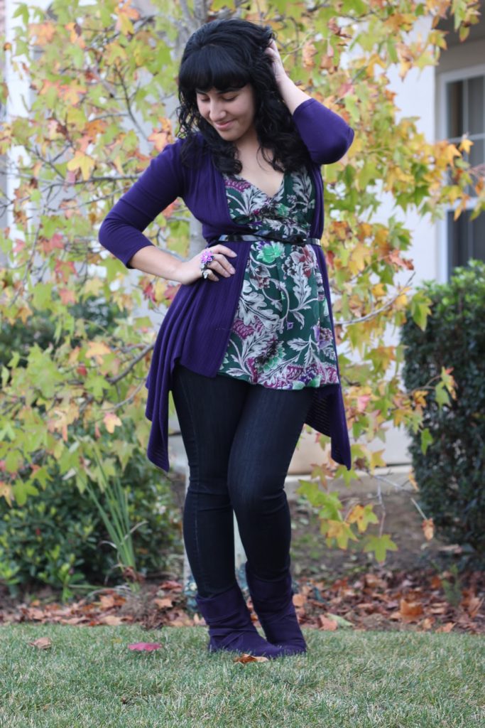 Long Purple Cardigan and Floral DVF Tank
