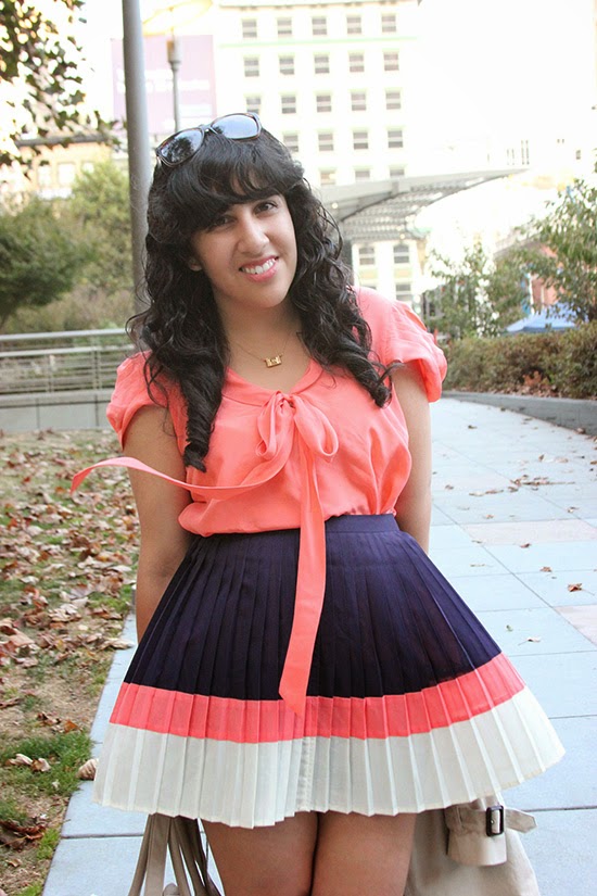 Coral Blouse and Coral and Navy Pleat Skirt