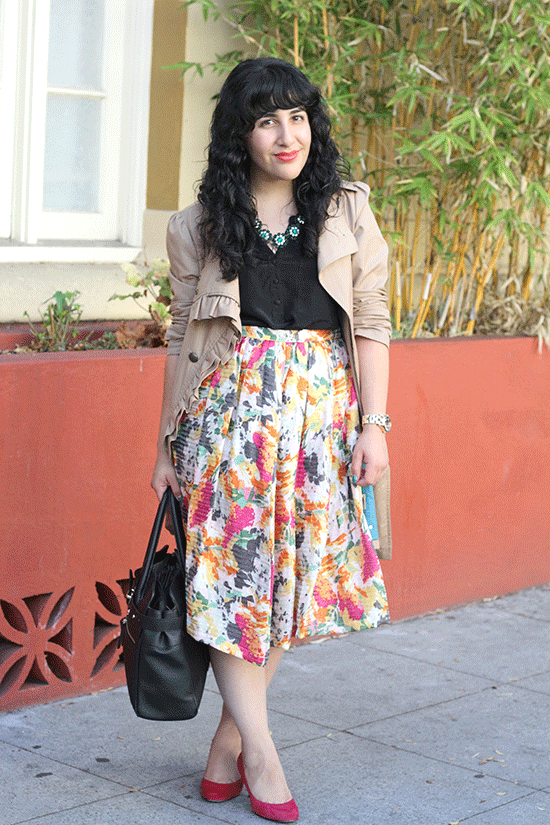 Trench Coat and Floral Midi Skirt