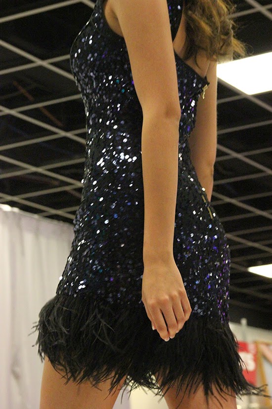 Navy Sequins and Black Feather Trim Dress