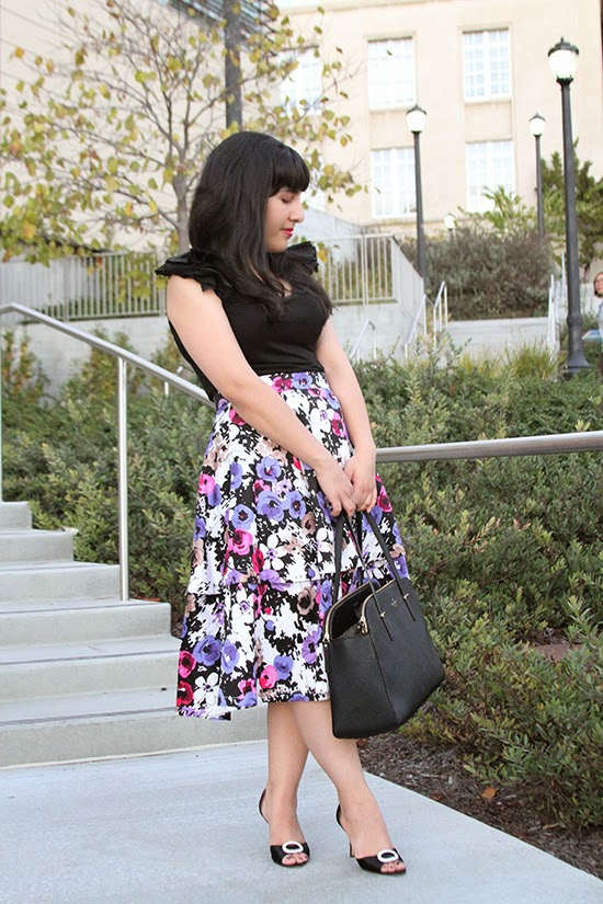 Ladylike Floral Midi Skirt and Ruffle Sleeve Top