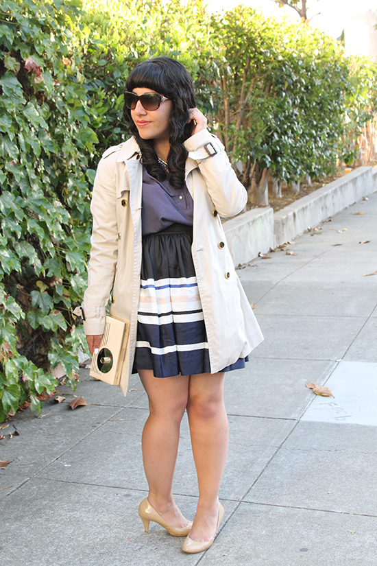 Trench Coat and Striped Skirt Work Outfit 