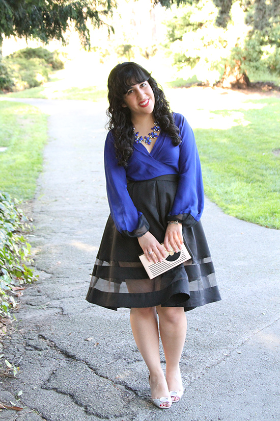 Royal Blue Wrap Top and Express Skirt with Sheer Panels | Will Bake for Shoes