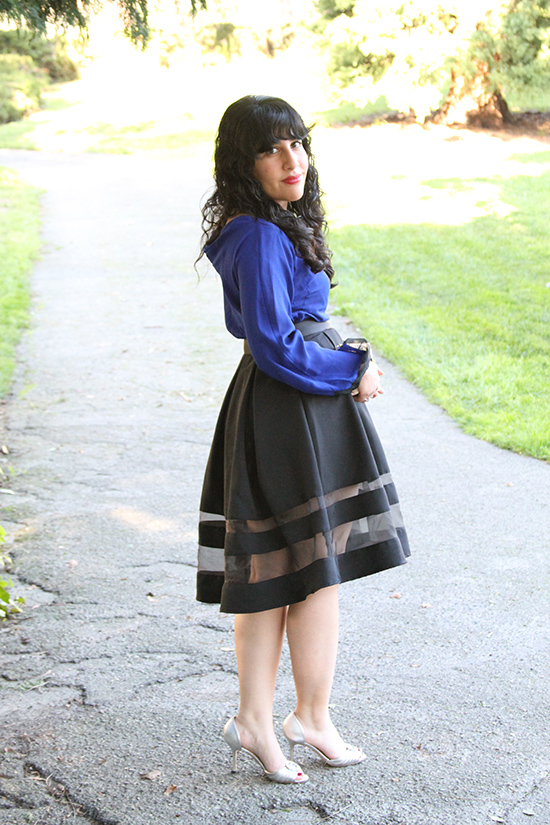 Blue DVF Top and Express Black Midi Skirt | Will Bake for Shoes
