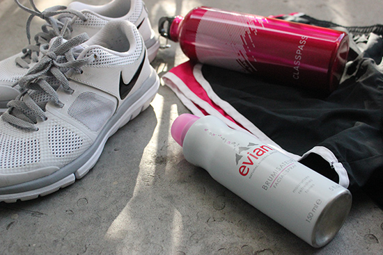 Evian Facial Spray Nike Running Shoes and Shorts