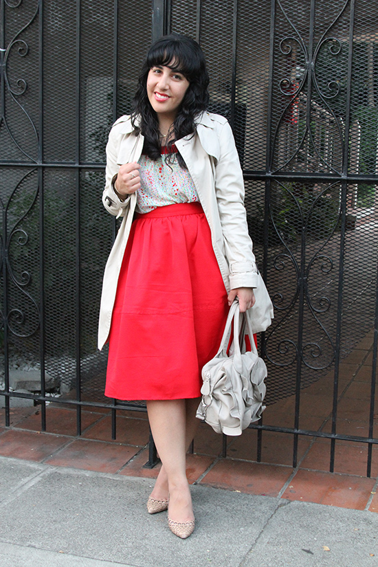F21 Floral Top and Express Red Midi Skirt