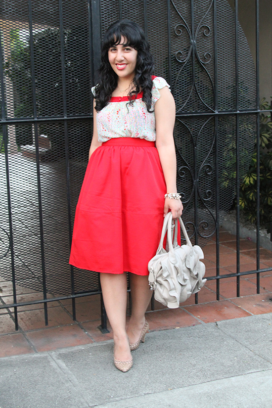 Girly Floral F21 Blouse and Red Express Midi Skirt Work Outfit