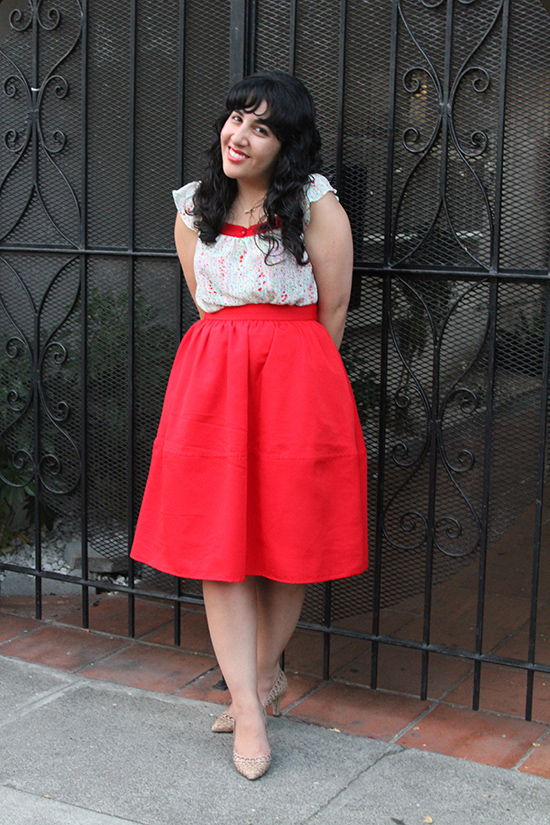 Express Red Midi Skirt and Loeffler Randall Heels Outfit