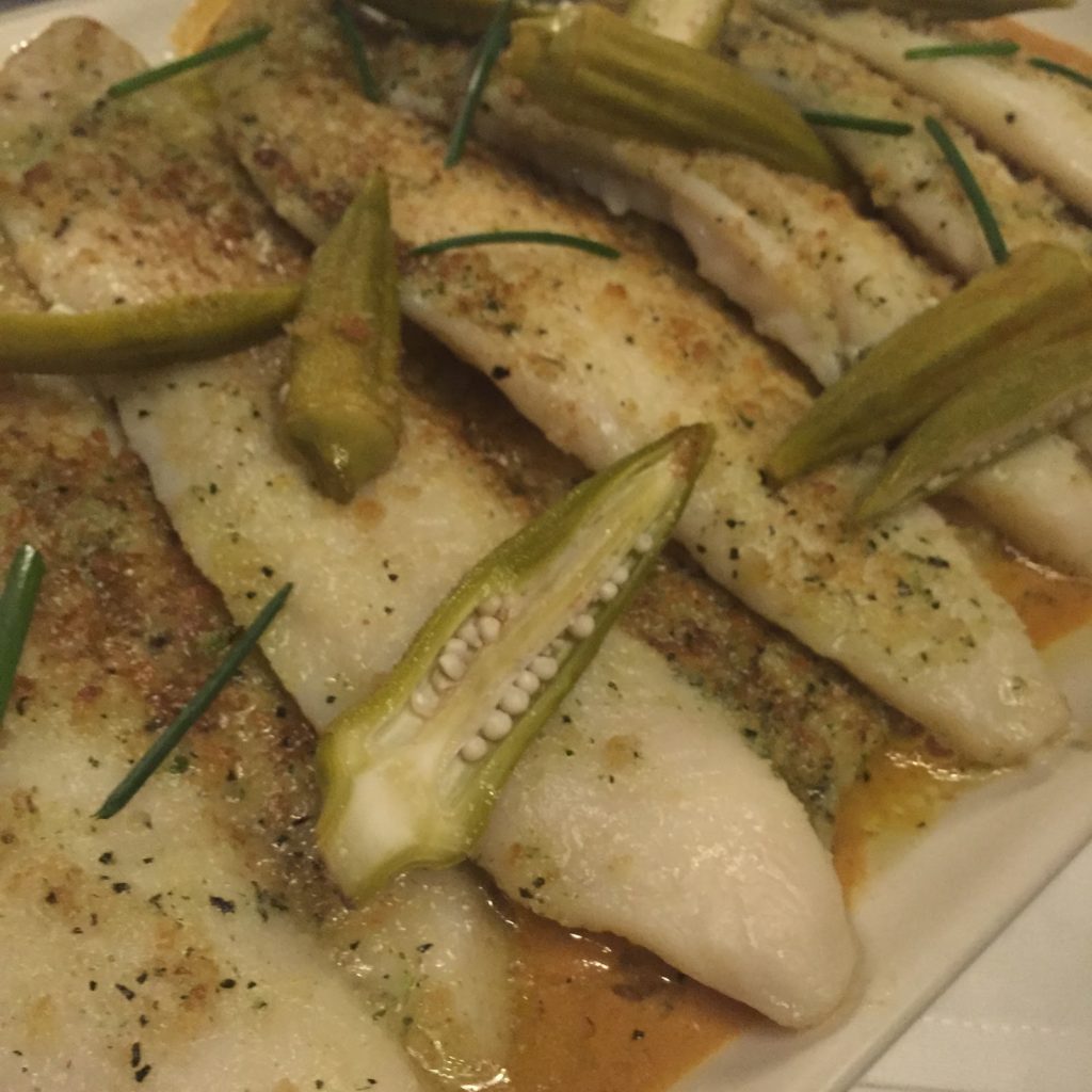 Baked Flounder with Okra and and Bread Crumbs