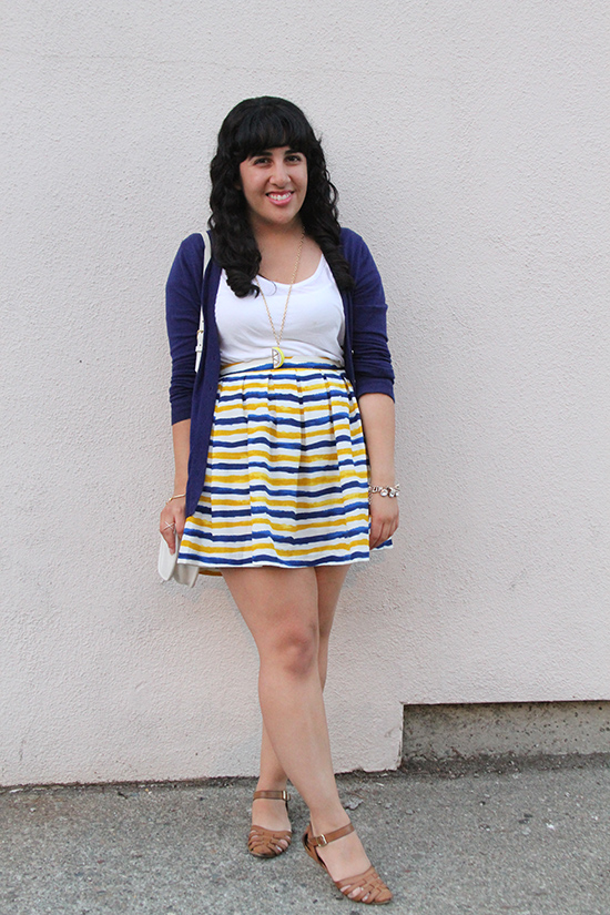 Navy Cardigan, White T Shirt and Striped Blue and Yellow Skirt