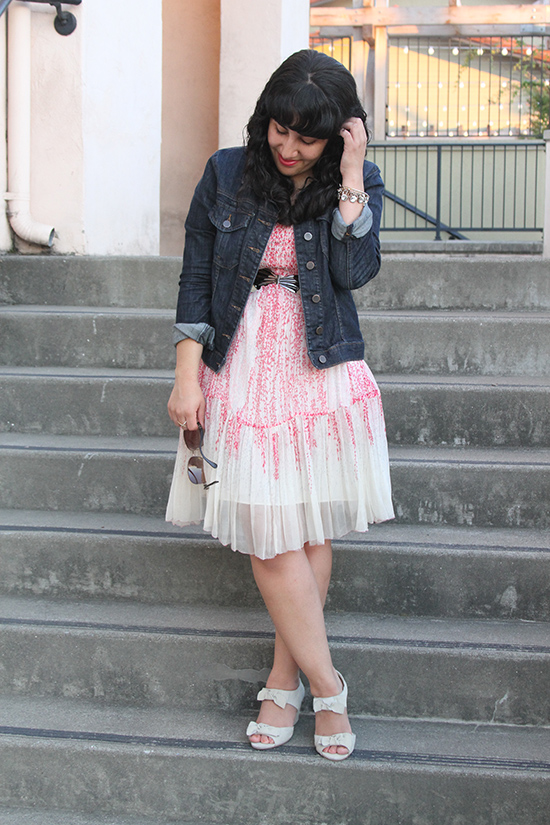 LE TOTE Denim Jacket and Floral Chiffon Dress