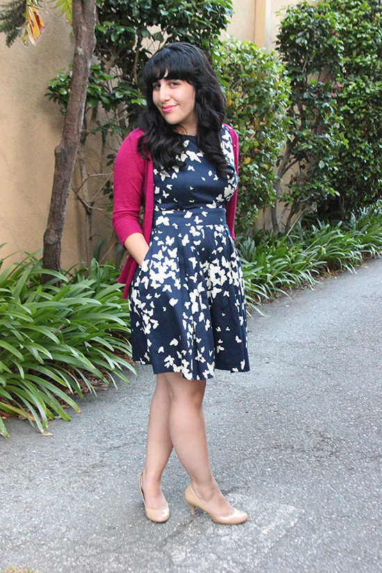 Modcloth Butterfly Print Navy Dress and Pink Cardigan