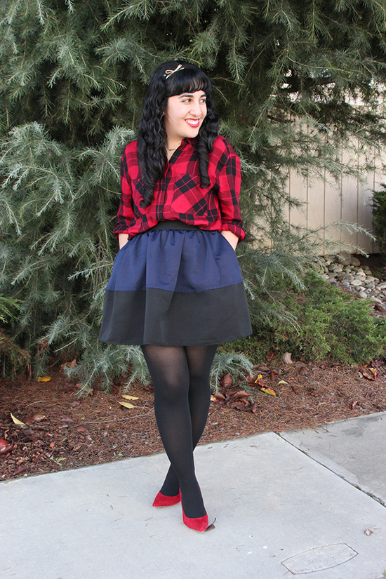 Red Plaid Top and Navy and Black Skirt Holiday Outfit