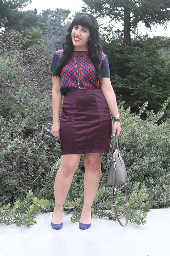 Patterned Top Solid Jewel tone Skirt Outfit