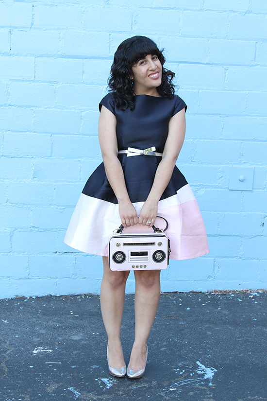 Kate Spade Colorblock Bubble Dress and Boombox Bag Outfit