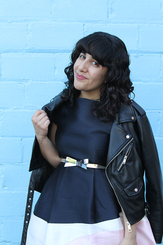 Kate Spade Colorblock Navy and Pink Dress Zara Moto Jacket Outfit